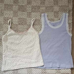 Brandy Melville Pink Flower And Blue Lace Cropped Tank Top